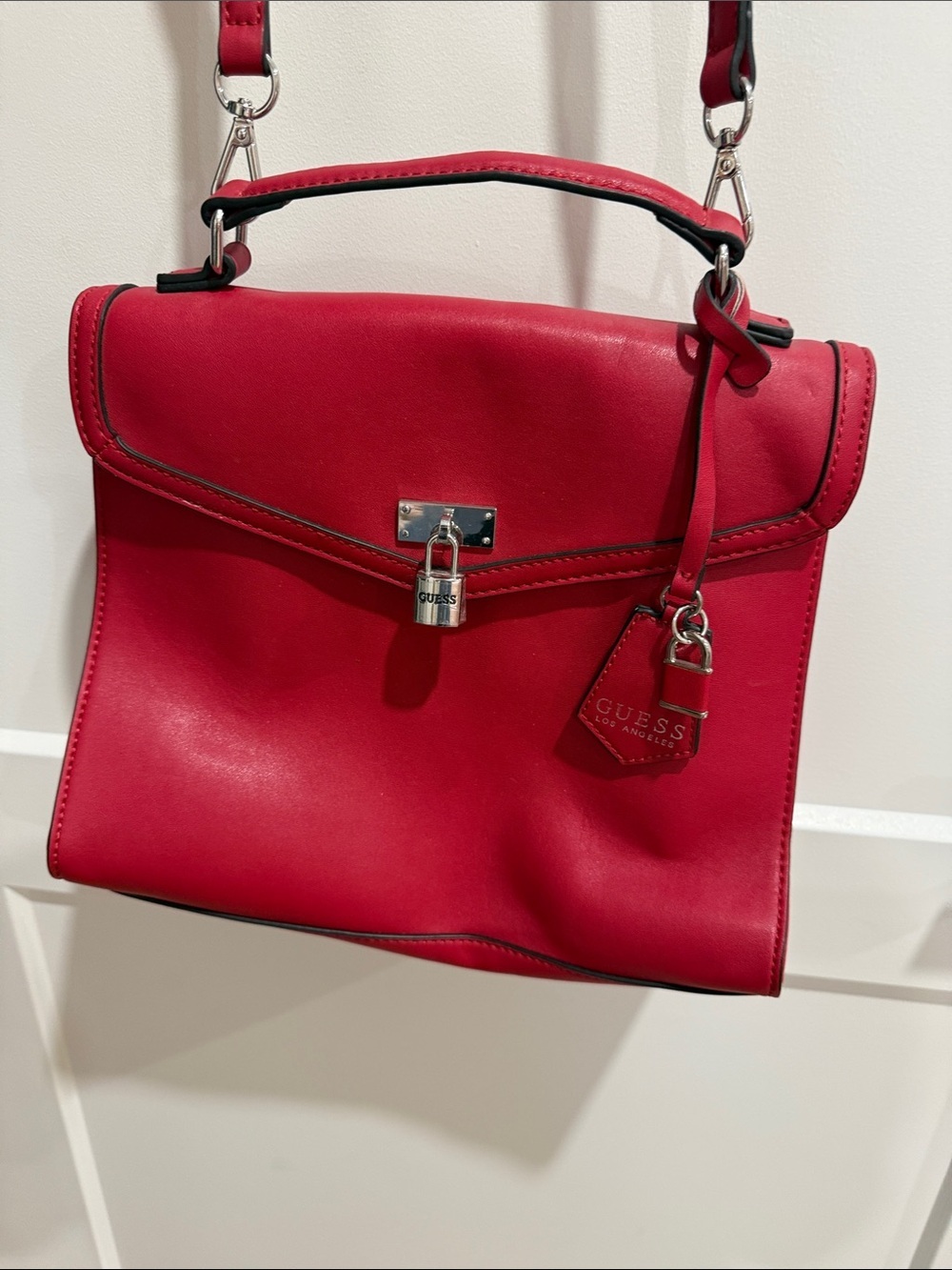 GUESS Magenta Leather Satchel with Top Handle and Padlock Charm